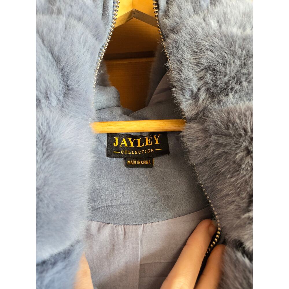 Jayley Gilet Vest Faux Fur Hooded Coat Blue OS Jacket Mini Dress Top Outerwear - Picture 3 of 5